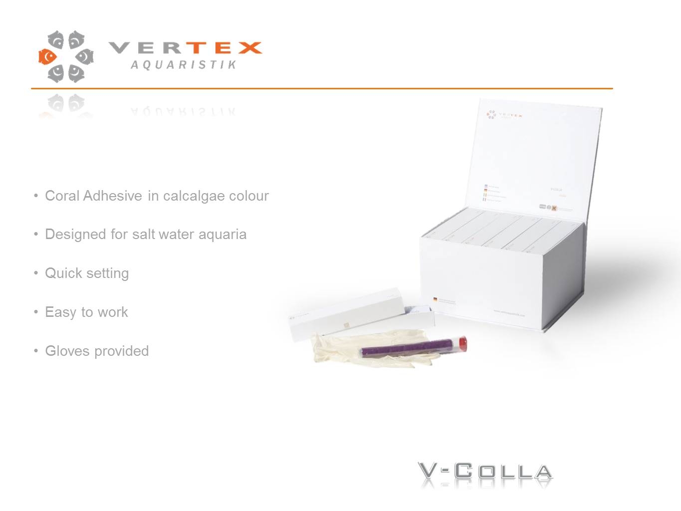 Vertex V-Colla, Coral Glue in Calc Algea Color including Gloves for clean and easy using.